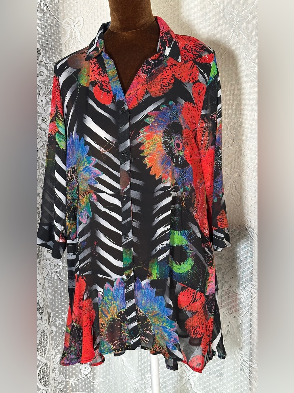 Black Multi Floral-Print Button Down Blouse